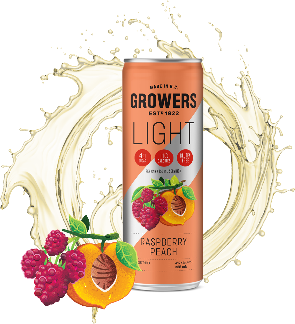 Tall can of Growers Light Raspberry Peach cider with fruit